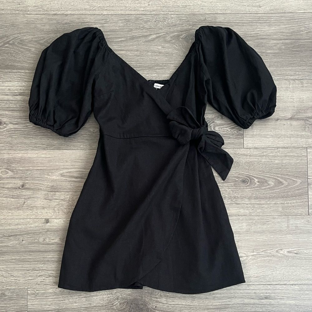 Abercrombie & Fitch Wrap Mini Dress XS Black Linen Puff Sleeve Cottagecore Boho